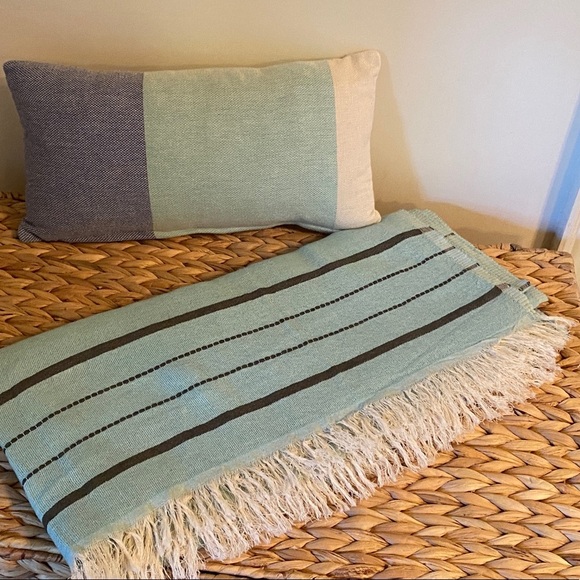 Organic Cotton Throw Blanket Water Green Black Minimal Stripe Boho Coastal Set 2 - Picture 4 of 9